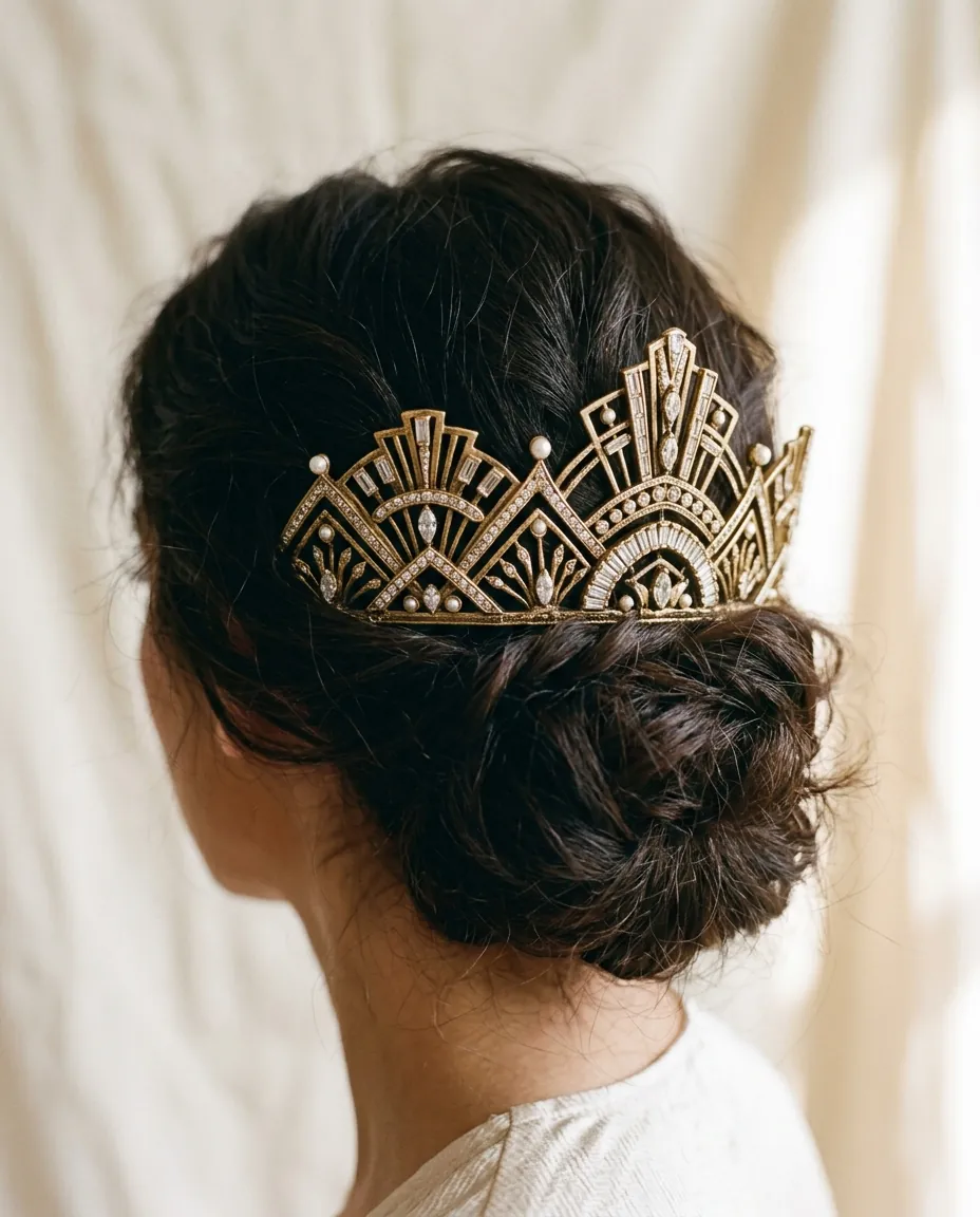 A gold-tone crown set into pinned dark hair, seen from behind in warm morning light