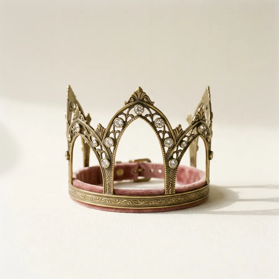 A brass crown with gold-tone plating and small glass crystals, standing upright on ivory