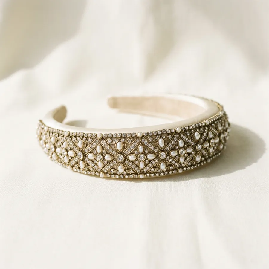 A padded headband set with clear crystals and small pearls, resting on its side